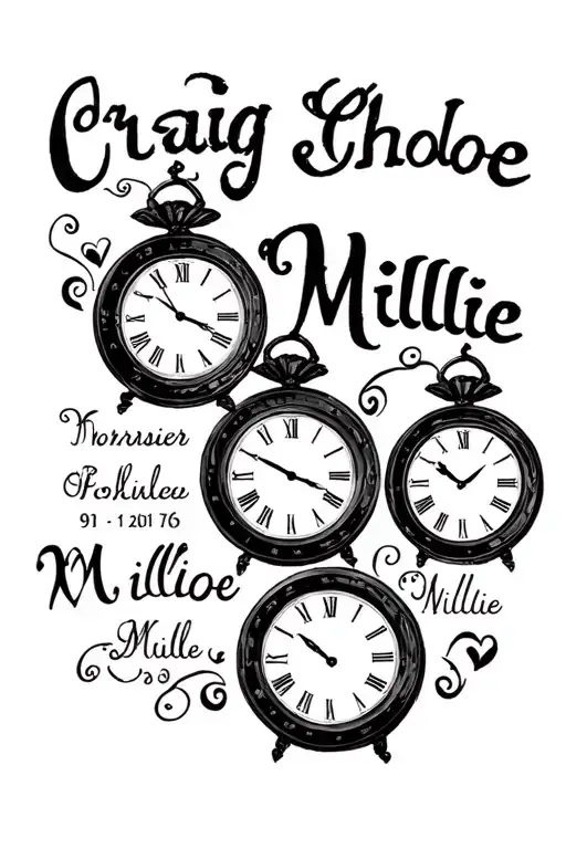 "Craig Chloe Millie" 3 old fashioned clocks showing names and dates of births tattoo design idea