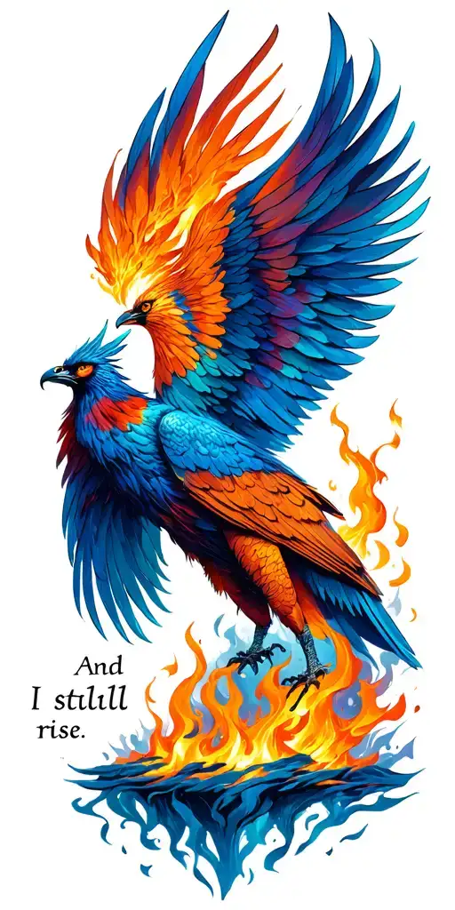 phoenix rising from the ashes with quote "And still I rise" tattoo design idea