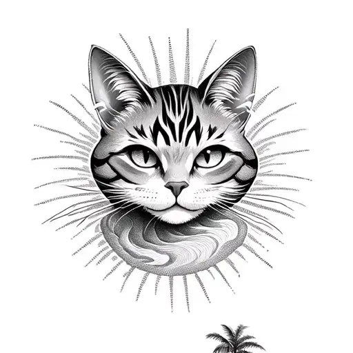 Cheshire cat, palm tree, sun, wave tattoo design idea
