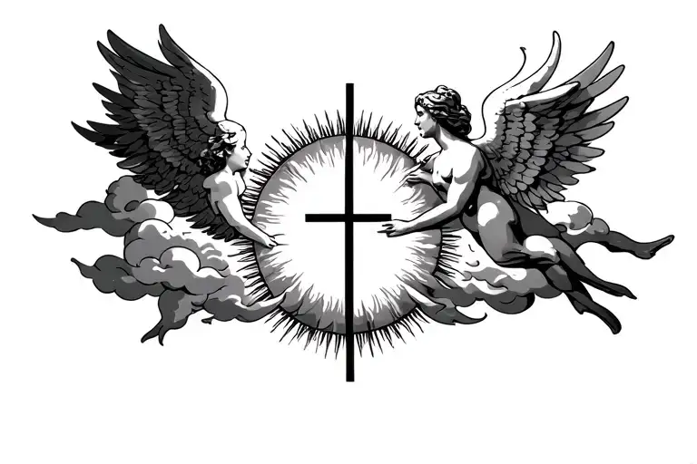 A sun with clouds on the side cross by the ray of the sun AV3C two angel one on the left the other on the right tattoo design idea