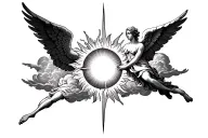 A sun with clouds on the side cross by the ray of the sun AV3C two angel one on the left the other on the right tattoo design idea