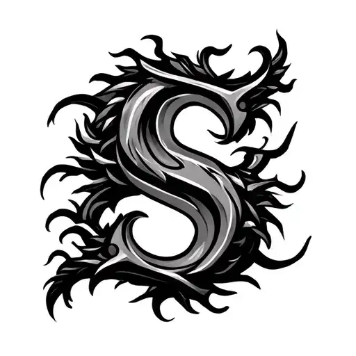 Create a tribal tattoo design incorporating three 'S' letters, seamlessly intertwined with a dragon motif. The design sh tattoo design idea