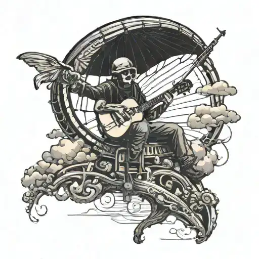 A musician playing guitar and harmonica on a paraglider high above the ocean tattoo design idea