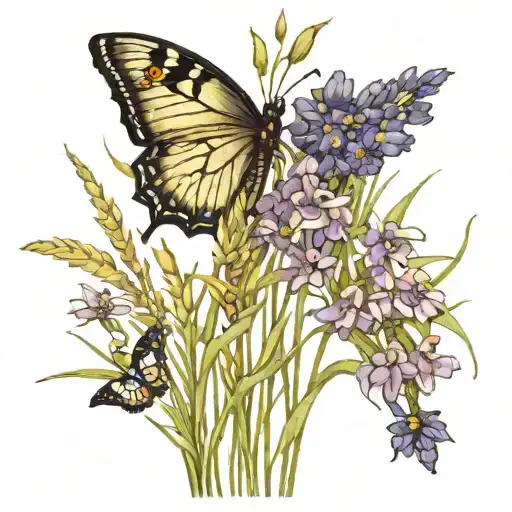 a small but tall clump of tall grass with purple flowers on it and butterfly's flying around tattoo design idea