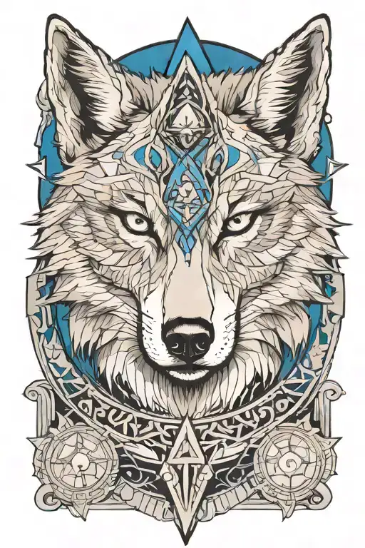 wolf face with blue eyes surrounded  by Egypt moon and pyramids  tattoo design idea