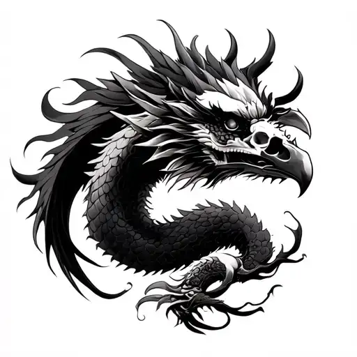 chinese dragon, phoenix, raven, skull arm sleeve tattoo design idea