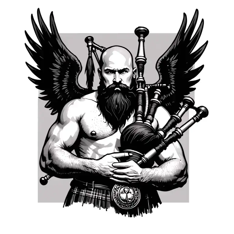 scottish bagpiper bald black beard muscular wearing glengarry pipes in arm big black wings shirtless tattoo tattoo design idea