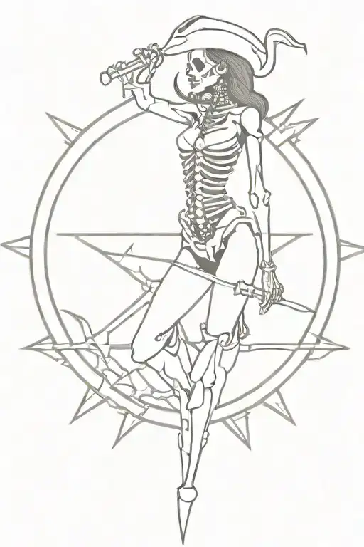 simple female skeleton pirate with nautical star tattoo design idea