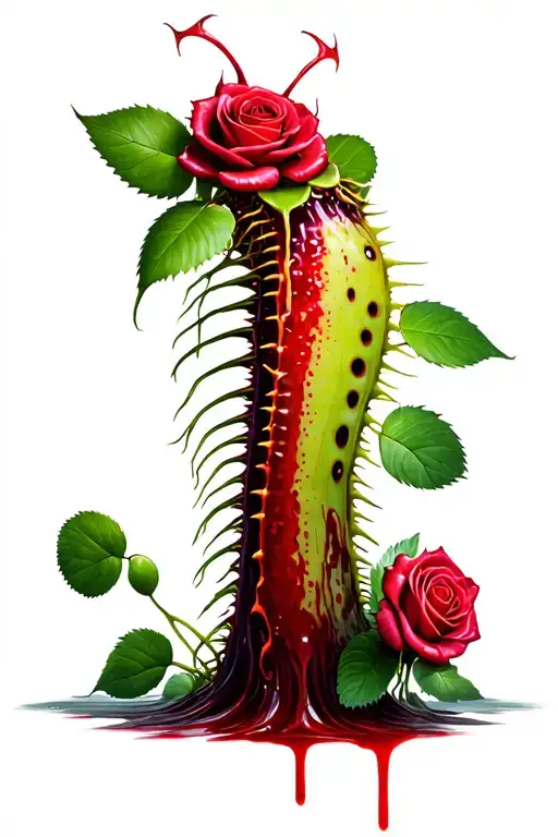 Venus flytrap with roses dripping blood in thunderstorm tattoo design idea