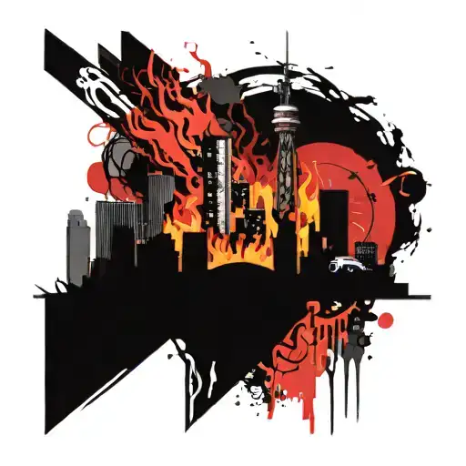 fire burning up city skyline in the background tattoo design idea