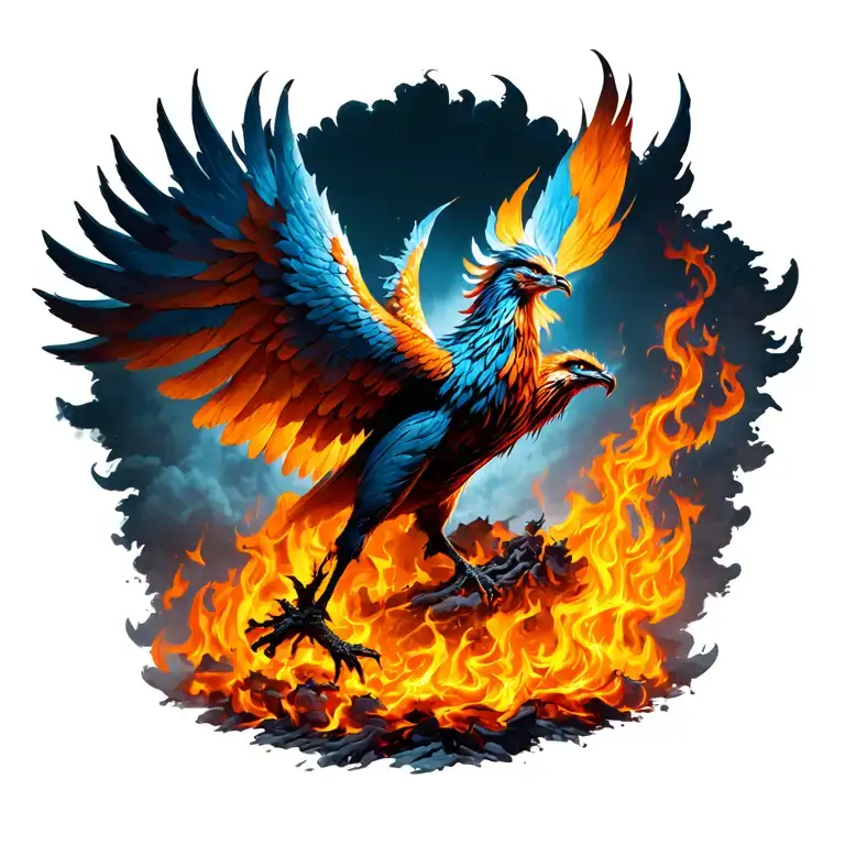 Phoenix rising from ashes surrounded by flames coming tattoo design idea