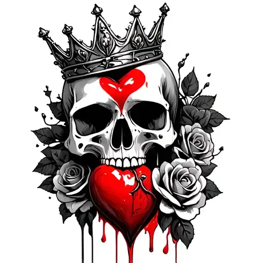 melting skull with a bleeding heart and a queens crown with roses and thorns tattoo design idea