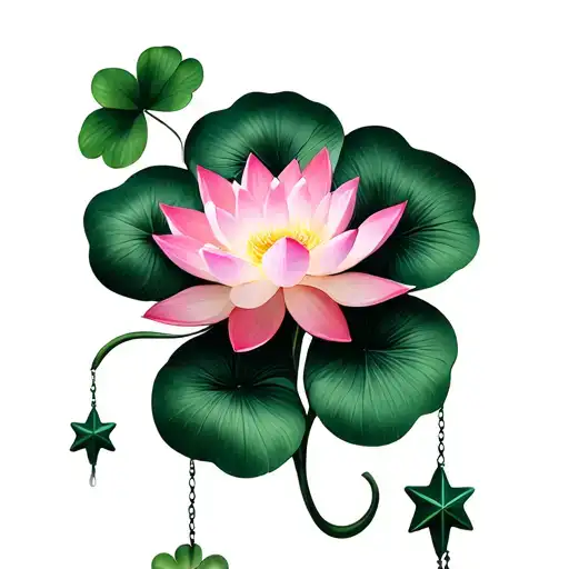 pink lotus flower with 4-leaf clover intertwined with 2 hanging stars tattoo design idea