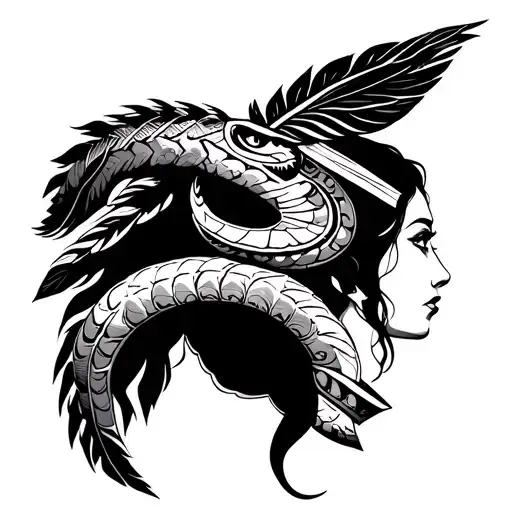 aztec feathered serpent wrapped around aztec women warrior tattoo design idea