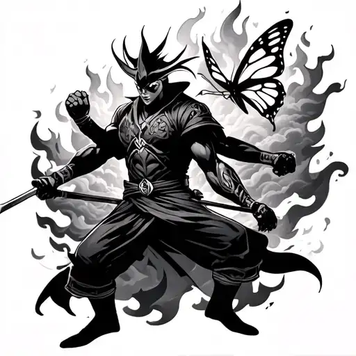 large sub zero and Raiden in fighting stance with clouds and flames as the border with a butterfly in there  tattoo design idea