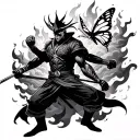 large sub zero and Raiden in fighting stance with clouds and flames as the border with a butterfly in there  tattoo design idea