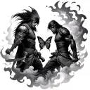 large sub zero and Raiden in fighting stance with clouds and flames as the border with a butterfly in there  tattoo design idea