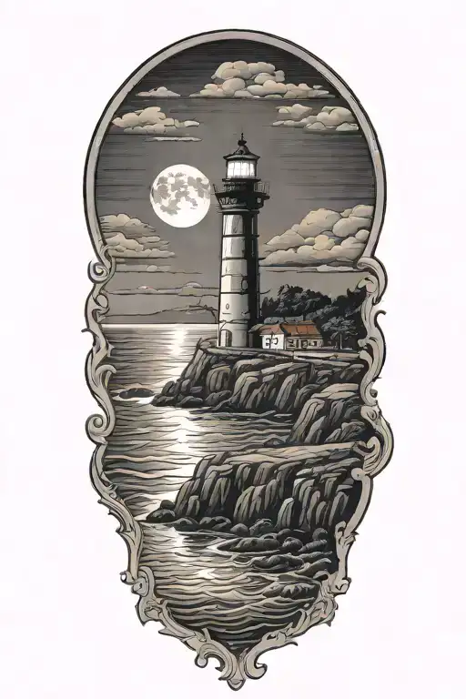 A lone hermit, wandering by the ocean, looking out at sea. Light house or monastery in the background and full moon tattoo design idea