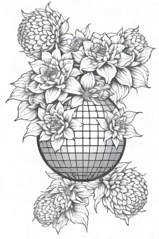 disco ball nested in dahlia flowers wrapped tattoo design idea