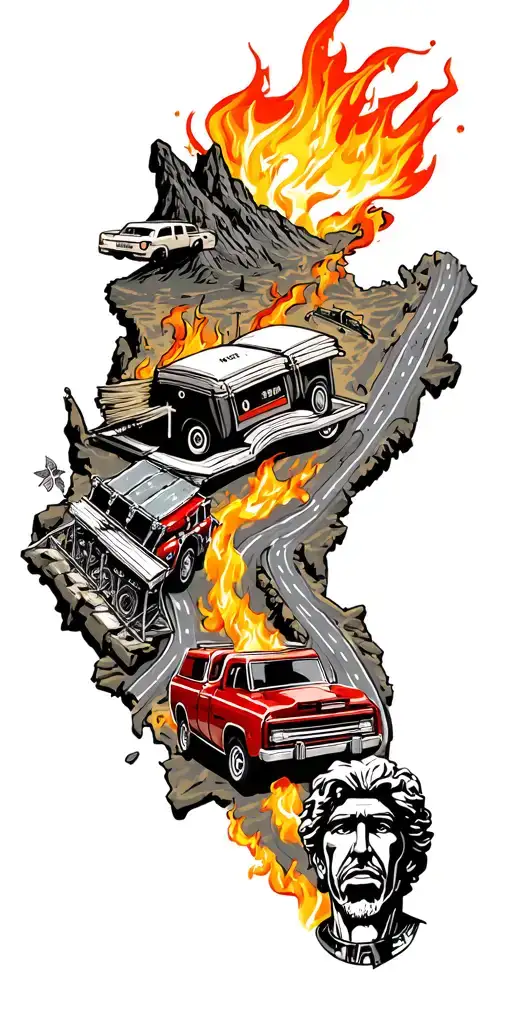 map with landmarks with road, mountains, trex fire truck, fast car drum set, cassette tape, book on fire, statue of libe tattoo design idea