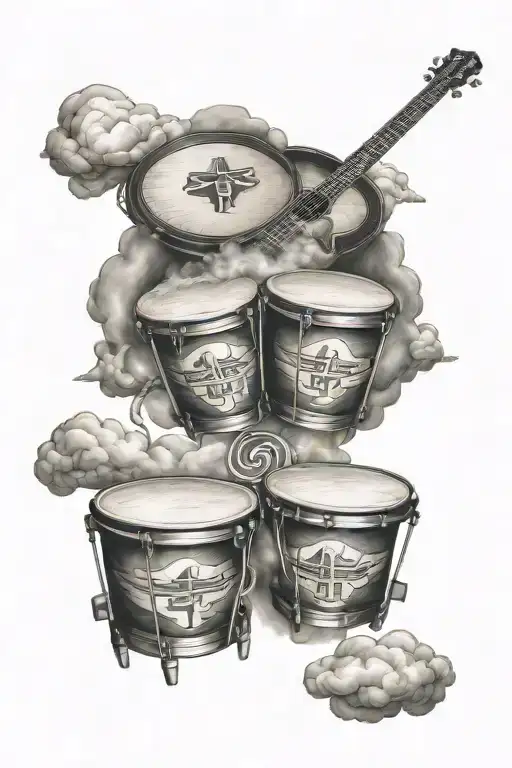 Bongo drums with cloud and a cross surrounded tattoo design idea