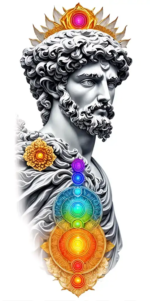 the Roman god Janus, surrounded by the 7 chakras tattoo design idea