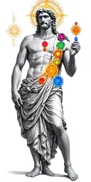 the Roman god Janus, surrounded by the 7 chakras tattoo design idea