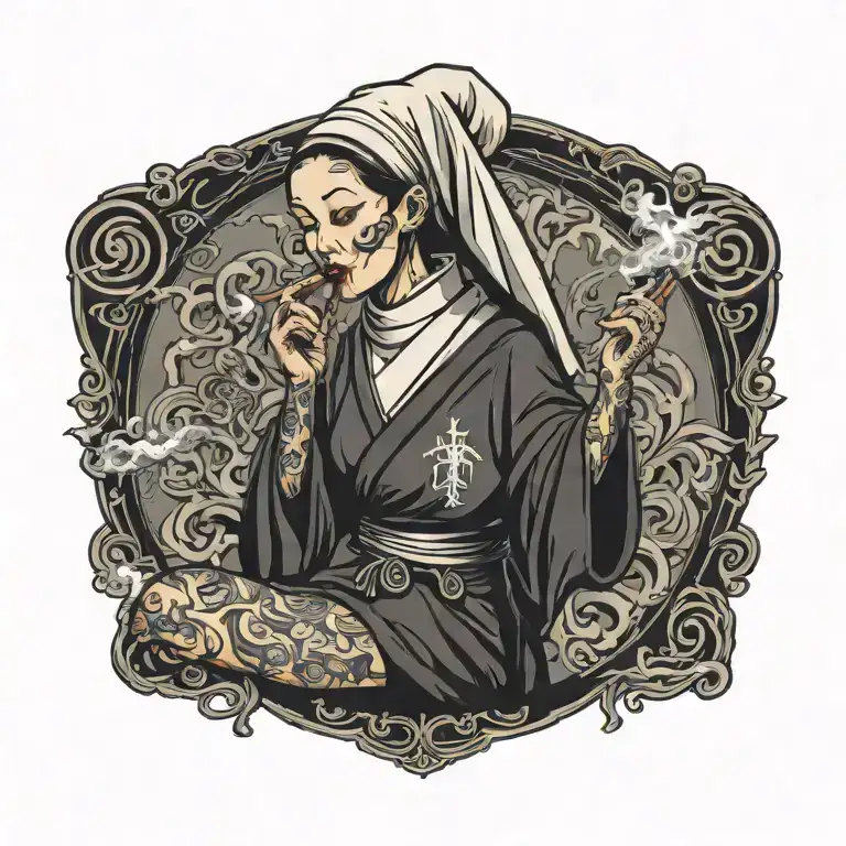 crazy naughty sexy nun smoking vape tattoo design idea