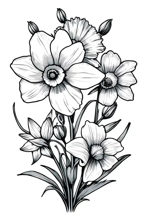 daffodil larkspur and poppy flowers simple outline tattoo design idea
