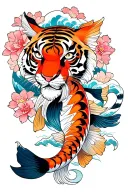 Japanese fierce tiger, finger waves, koi fish, cherry blossoms tattoo design idea