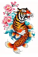 Japanese fierce tiger, finger waves, koi fish, cherry blossoms tattoo design idea