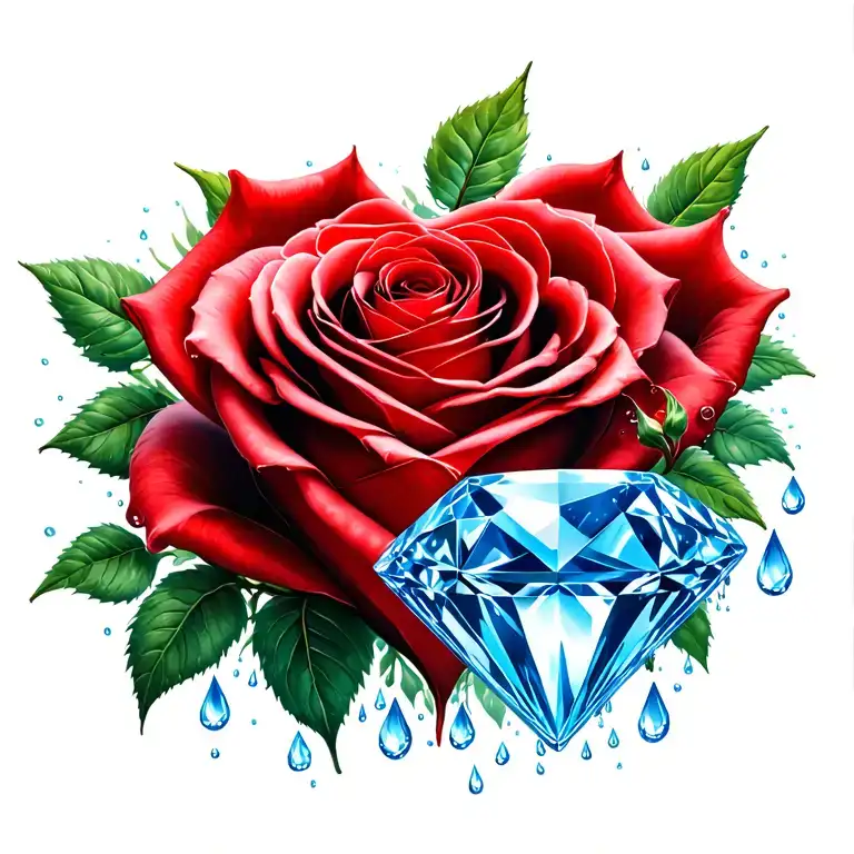 1 large blue diamond in center, surrounded by red rose, Rain drops, heart, female reproductive organs tattoo design idea