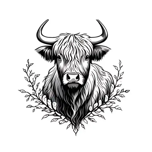 highland cow with vines tattoo design idea