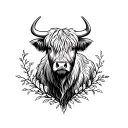 highland cow with vines tattoo design idea