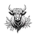 highland cow with vines tattoo design idea