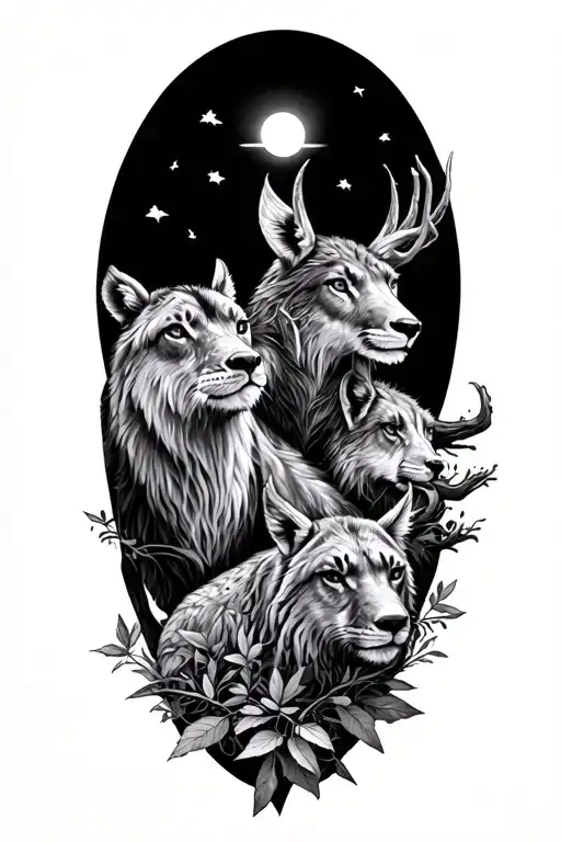American nature scene with animals intertwined tattoo design idea