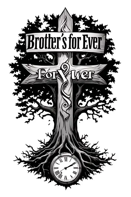"Brother's for Ever " "Brother's for Ever " cross with tree growing and clock in background  tattoo design idea