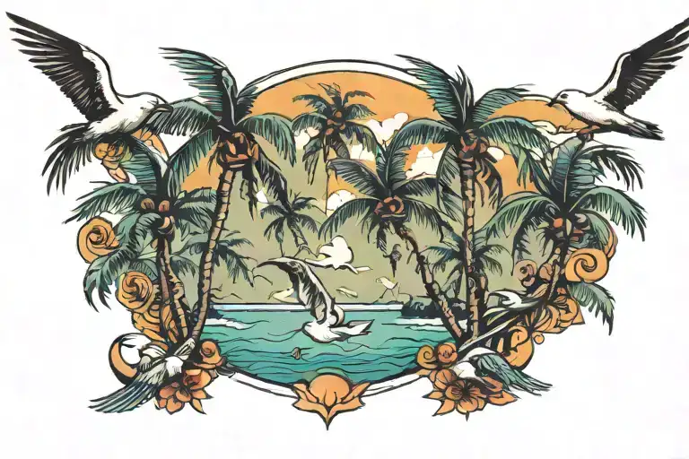 palm trees and seagulls flying tattoo design idea