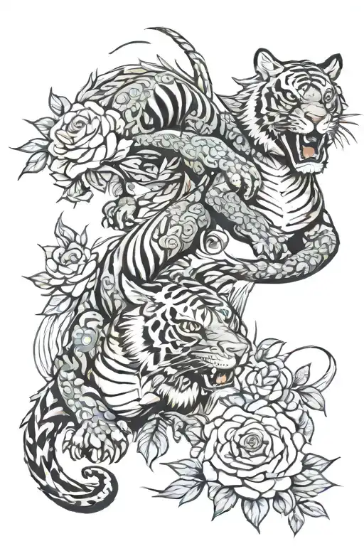 Dragon and tiger fighting with daisys and roses around them tattoo design idea