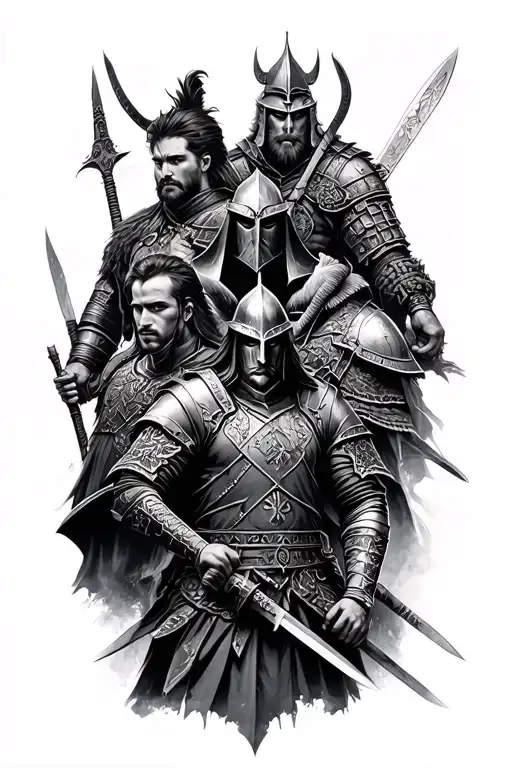 collage of warriors samurai, viking, templar knight, samurai, and us soldier tattoo design idea