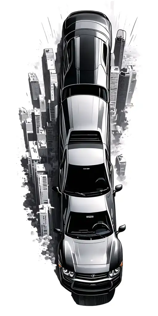 A black and grey tattoo of rear GTR R35 drifting through los santos cityscape, with subtle hints of GTA RP elements tattoo design idea