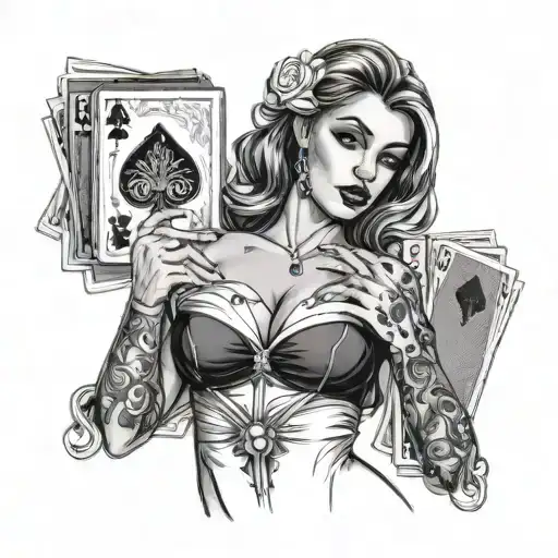 busty woman wearing white top nipples pierced holding a royal flush tattoo design idea