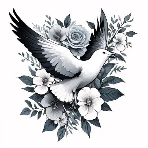 inner bicep dove tattoo that compliments floral sleeve tattoo design idea