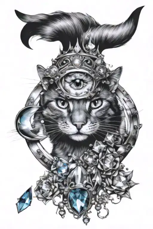 cat with 3rd eye surrounded by crystals tattoo design idea