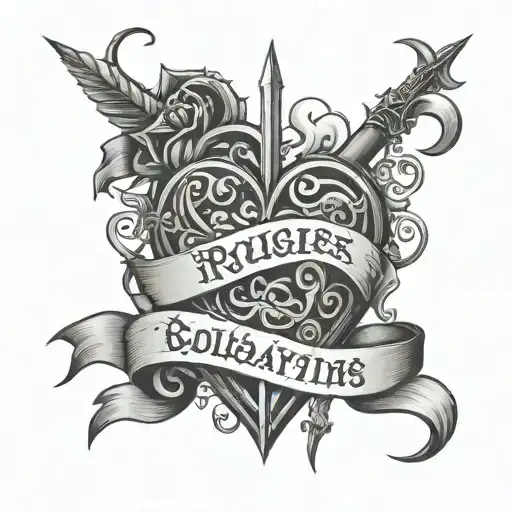 heart with thorns and three banners with names Ryleigh, Hollister, and Tobias inside each of the banners tattoo design idea