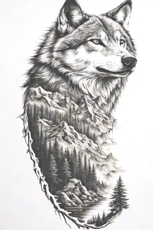 wolf and  mountains and trees tattoo design idea