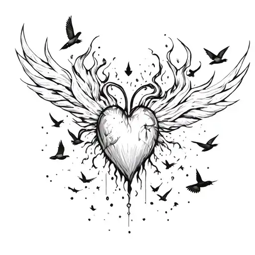 black heart ignited with birds flying away tattoo design idea