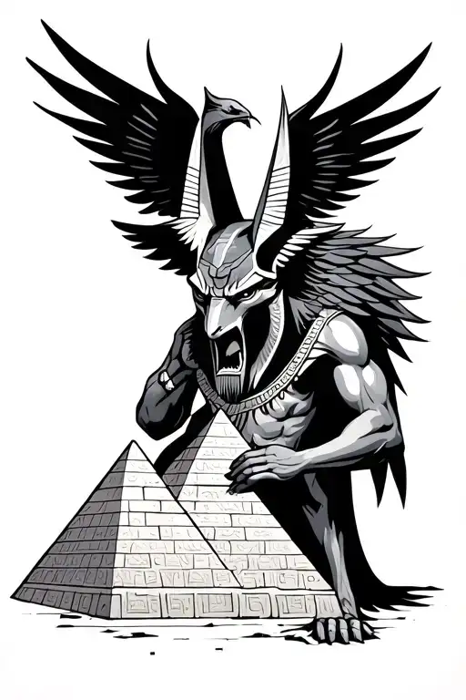 Anubi is angry, a phoenix over his head. Anubis holding the hand holding the pyramid tattoo design idea