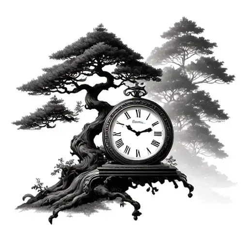 clock and bonsai tree growing tattoo design idea