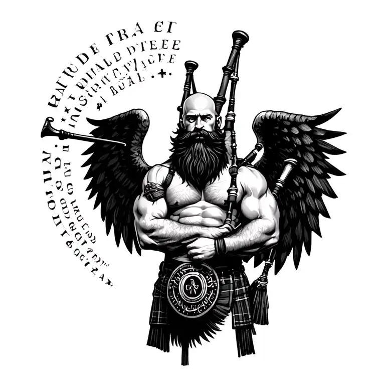scottish bagpiper bald black beard muscular wearing glengarry pipes in arm big black wings tattoo design idea